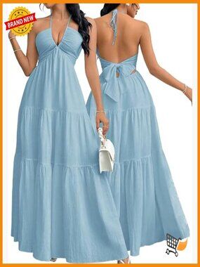 Halter V-Neck Maxi Dress with Back Tie - Casual Flowy Summer Dress